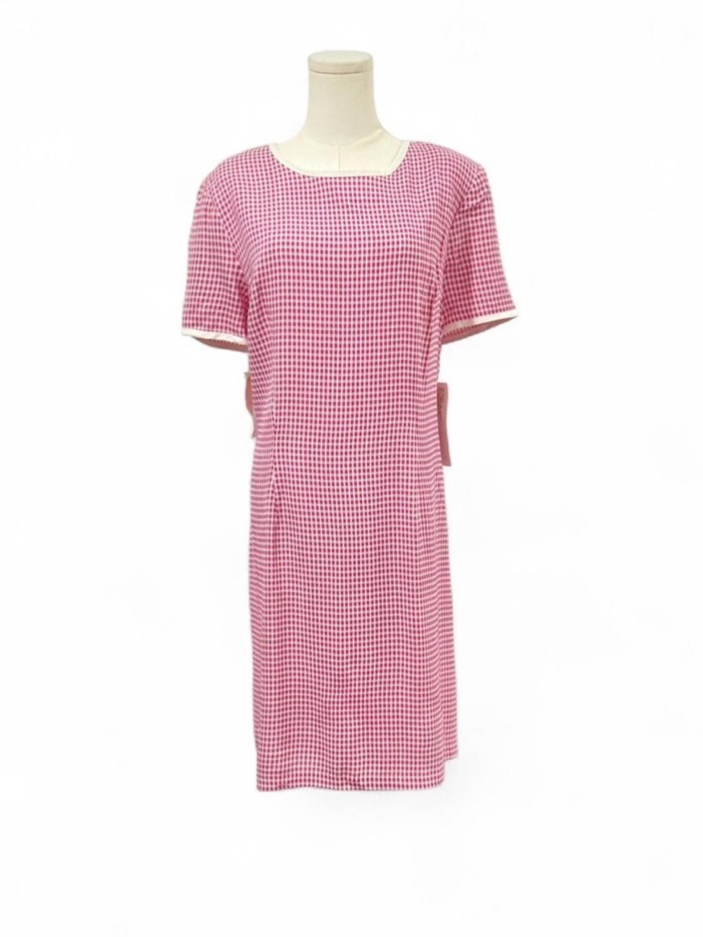 1960s Pink Cream Gingham Crew Neckline Midi Relaxed Summer Dress Sz 14 NWT
